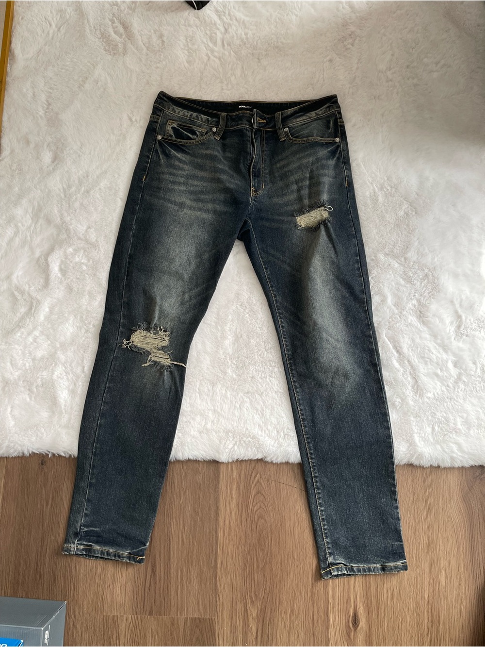 Fashion Nova Men's Slim Straight Distressed Dark Blue Jeans